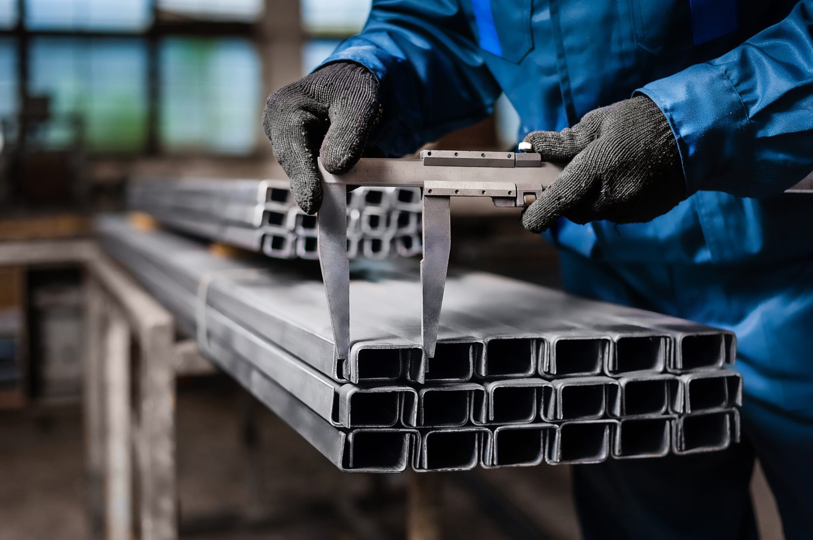 Technician measuring steel channel sections with a vernier caliper
