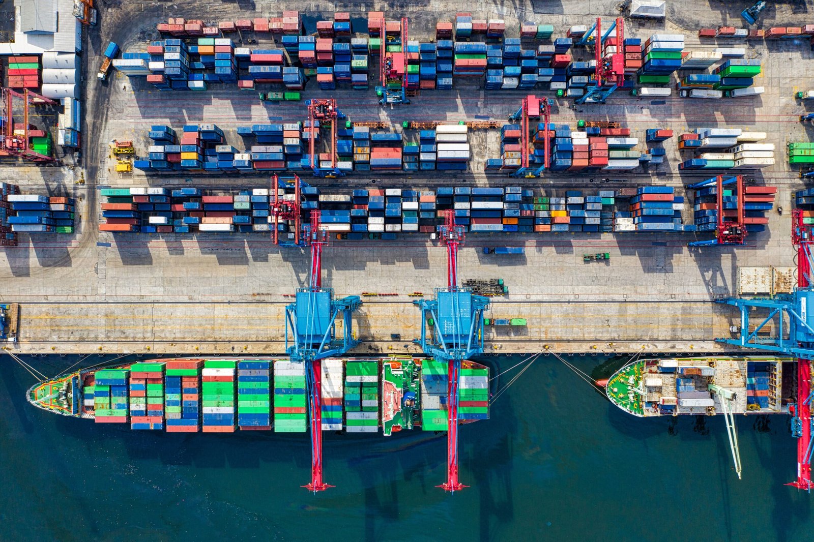 Aerial view of a container terminal and cargo ship