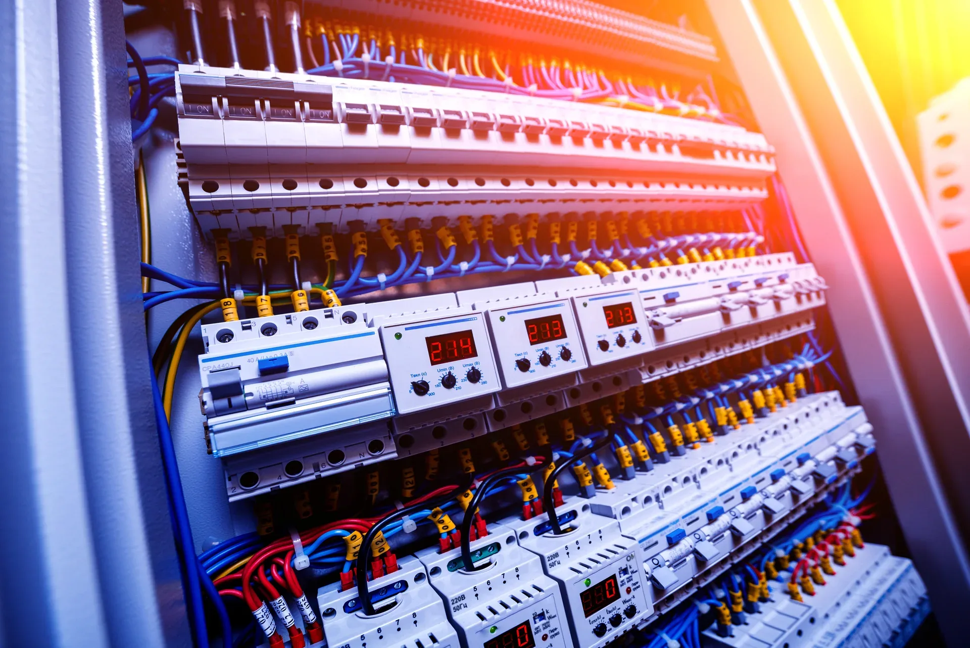 Electrical control cabinet with breakers, relays and labelled wiring