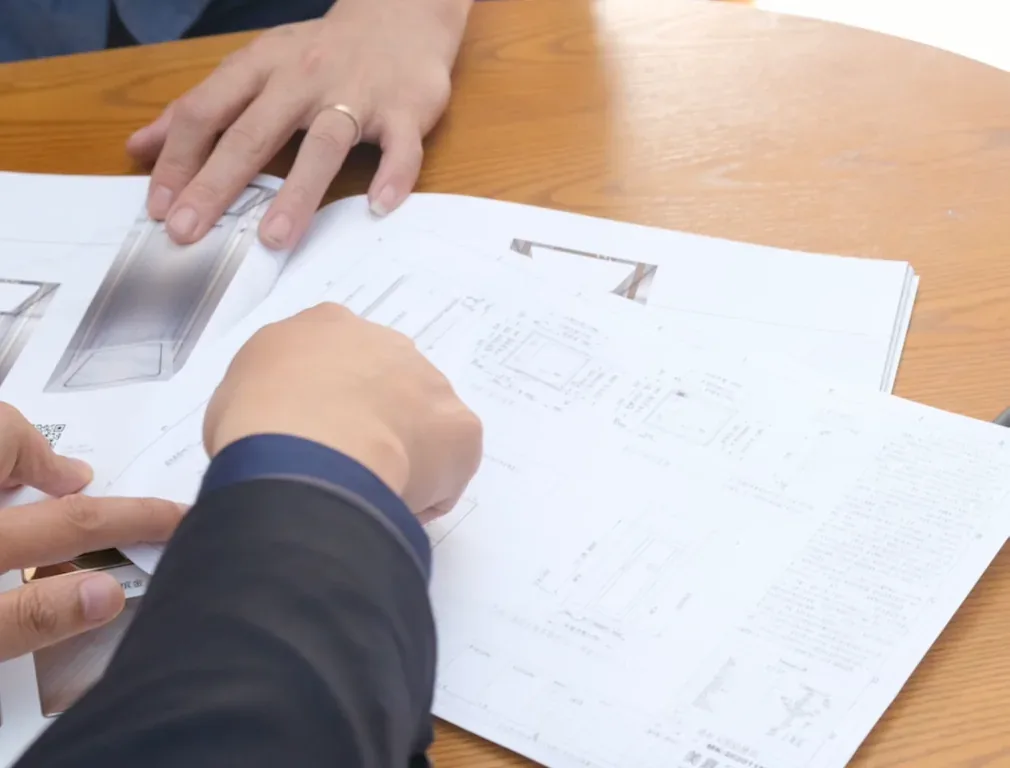 People comparing technical drawings on a table