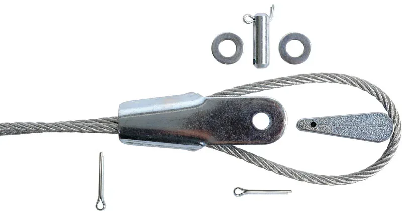 Steel wire rope eye termination with pin and connection hardware